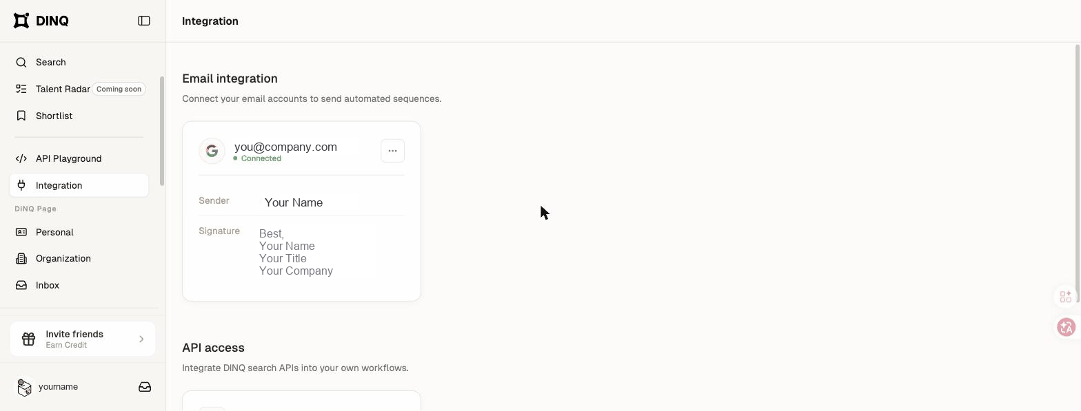 Integration settings screen